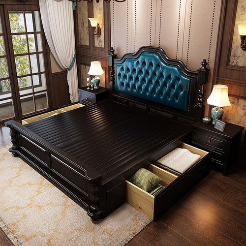 黑色极简美式实木软包双人床主卧婚床1米8大床现代简约高箱储物床