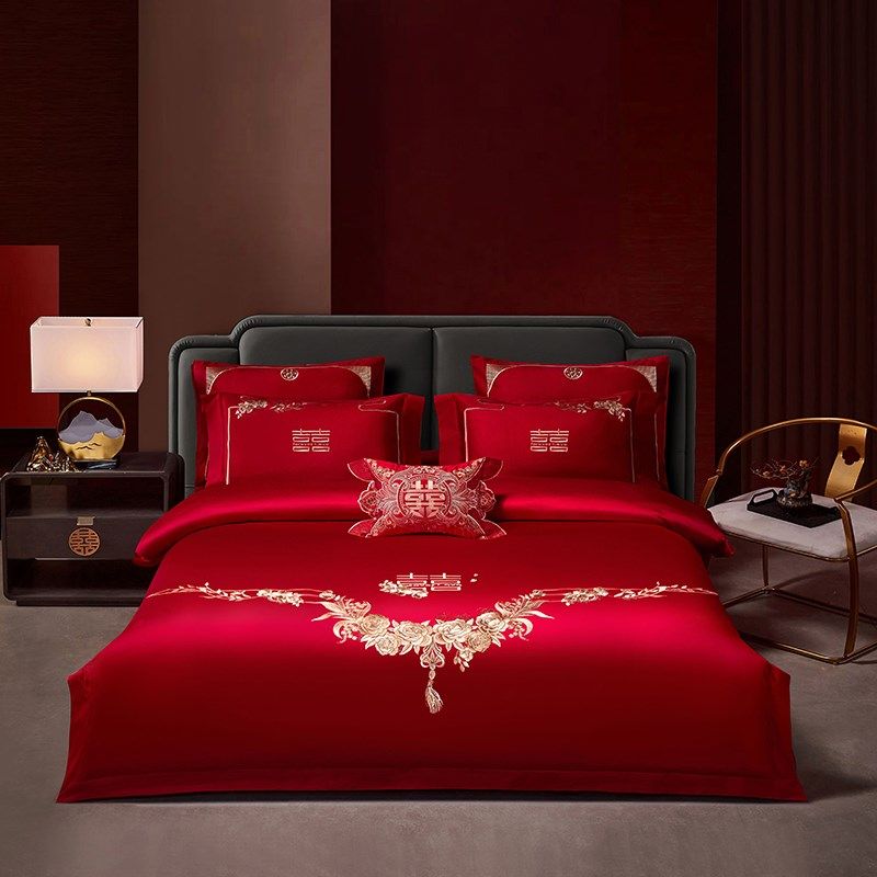 喜庆大红色结婚庆被套床单式床品四件套刺绣婚嫁婚礼床上用品,床上用品,婚庆床品套件,淘宝优惠券,粉丝福利购,淘宝优惠卷