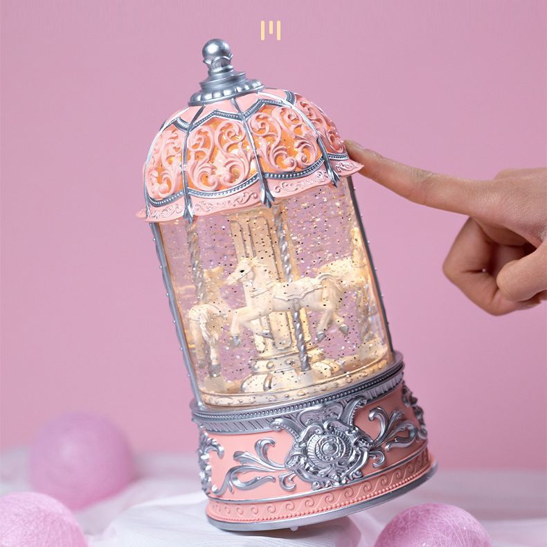 防风灯旋转木马创意女生粉色水y晶球八音盒小夜灯音乐盒生日耶诞