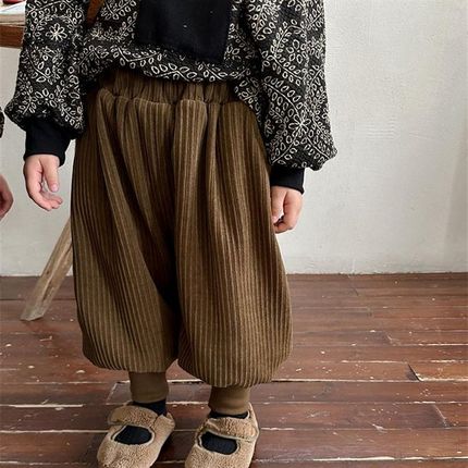 男童加绒灯笼裤秋冬季儿童加厚宽松束脚裤子女童宝宝坑条冬装长裤
