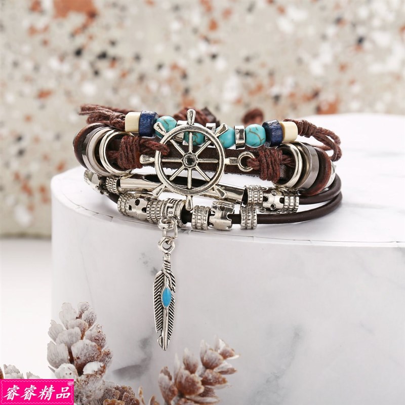 推荐New male turquoise leather man bracelet men's Hand caten