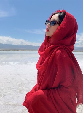 沙漠旅游c拍照围巾女海边披肩民族风超大棉麻纯色丝巾春秋薄红纱