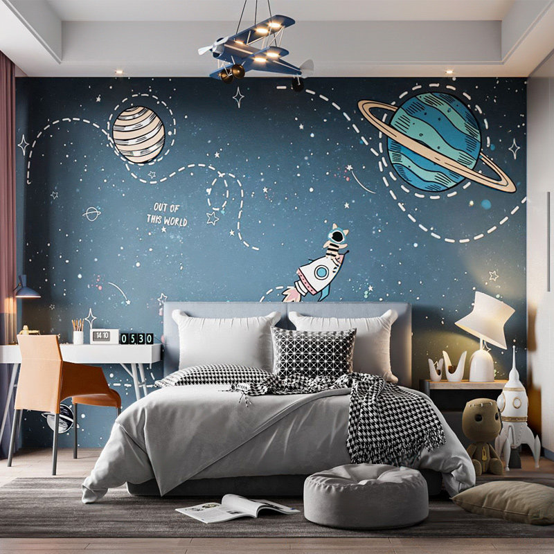 热销儿童房全屋壁纸男孩房间卧室墙纸卡通宇宙太空世界地图墙布壁