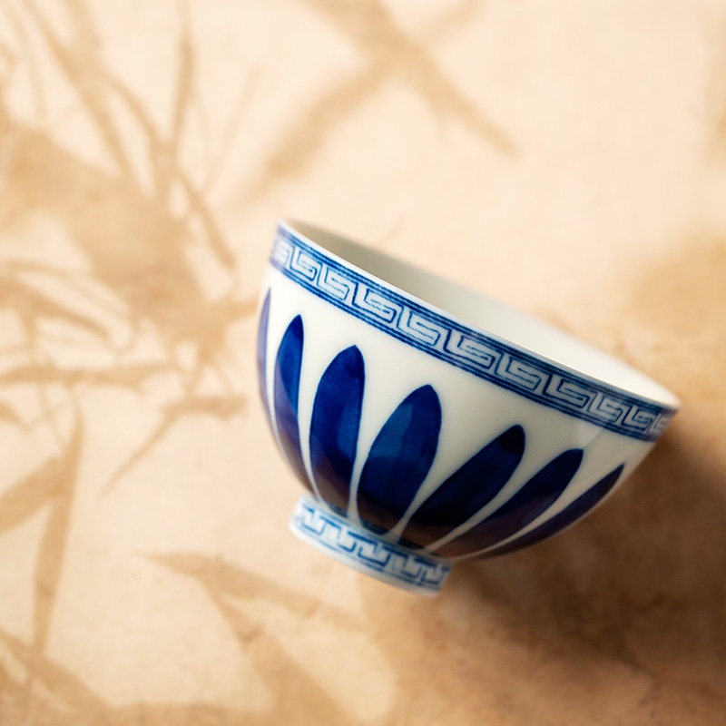 陶瓷柴窑青花主人杯手绘功夫茶茶杯陶瓷个人中式鸡心单杯
