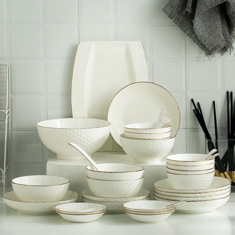 碗碟套装家用简约欧式餐具套装碗盘金边浮雕微波炉适用乔迁送礼,餐饮具,餐具瓷器套装,淘宝优惠券,粉丝福利购,淘宝优惠卷