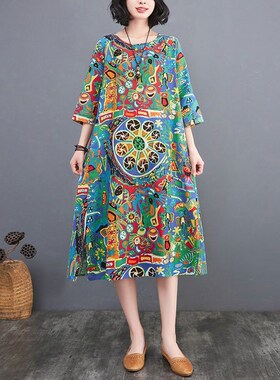 春夏新款民族风大码女装宽松显瘦印花五分袖连衣裙复古中长款裙子