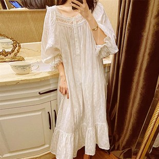 睡裙女夏季 家居服 纯棉短袖 睡衣白色甜美宫廷风公主长裙可外穿薄款