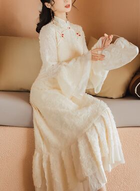 复古秋冬新款中国风超仙气质长款C改良版旗袍礼服年轻款少女连衣