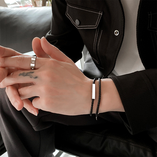 手链男款高级感黑色编织手绳可穿珠皮质手环定制刻字情侣手链礼物