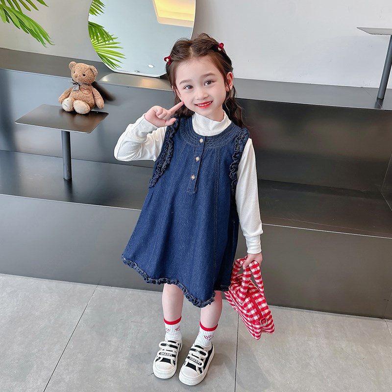 新品女童连衣裙秋款洋气儿童秋季花边牛仔裙两件套女宝宝秋装裙子