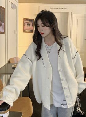 高级感超a好看毛衣女春秋冬外穿宽松慵懒风中长款白色针织外套开
