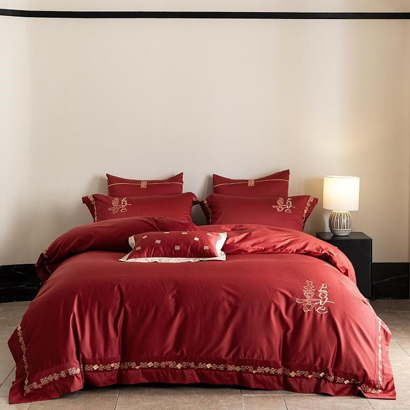 高级感喜字刺绣全棉长绒棉四件套红色中式被套床单结婚房床品,床上用品,婚庆床品套件,淘宝优惠券,粉丝福利购,淘宝优惠卷