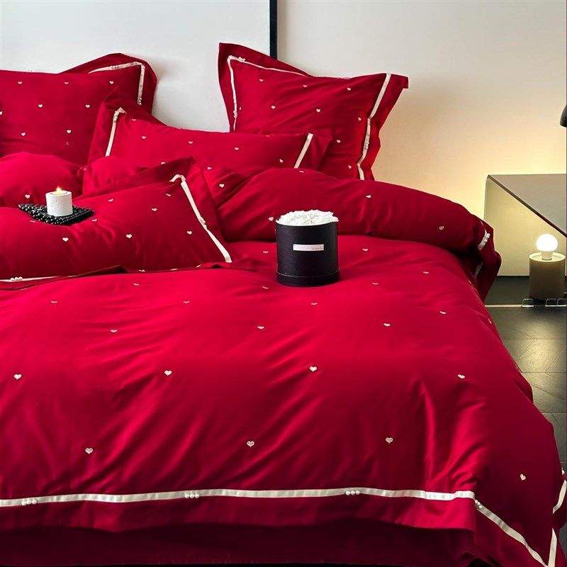 公主风爱心刺绣100全棉婚庆四件套大红色被套结婚床上用品1.8,床上用品,婚庆床品套件,淘宝优惠券,粉丝福利购,淘宝优惠卷