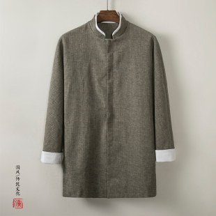 外套復(fù)古著亞麻上衣夾克衫 中國風(fēng)唐裝 立領(lǐng)商務(wù)休閑男裝 棉麻中長款