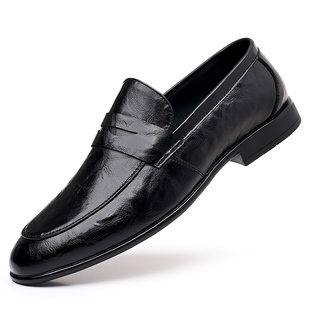 皮鞋男款秋冬季懒人一脚蹬单层软皮软底正装男士商务休闲豆豆鞋
