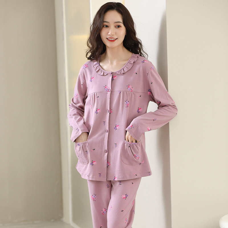 睡衣女春秋款长袖女款秋季开衫加大码夏季薄款中年妈妈家居服