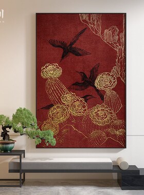 新中式红色肌理高级感抽象花鸟客厅餐厅装饰画玄关壁画竖版挂画