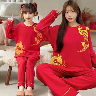 母女亲子装睡衣春秋季长袖圆领玉桂狗大红色女孩儿童薄款套装