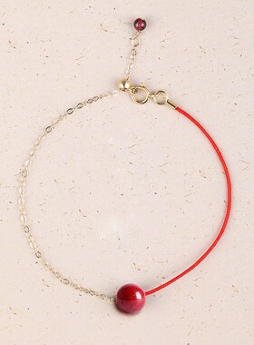 原矿原石朱砂红色手链本命年转运饰品女一半红绳一半金链子