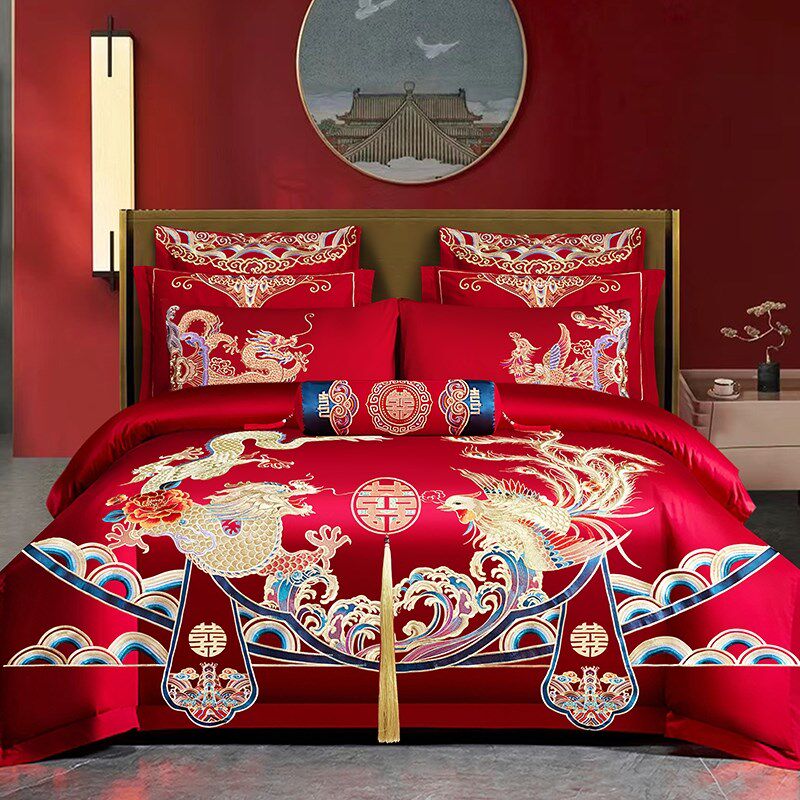 婚庆四件套大红龙凤刺绣新婚六八十件套结婚喜庆套件婚嫁床上用品,床上用品,婚庆床品套件,淘宝优惠券,粉丝福利购,淘宝优惠卷