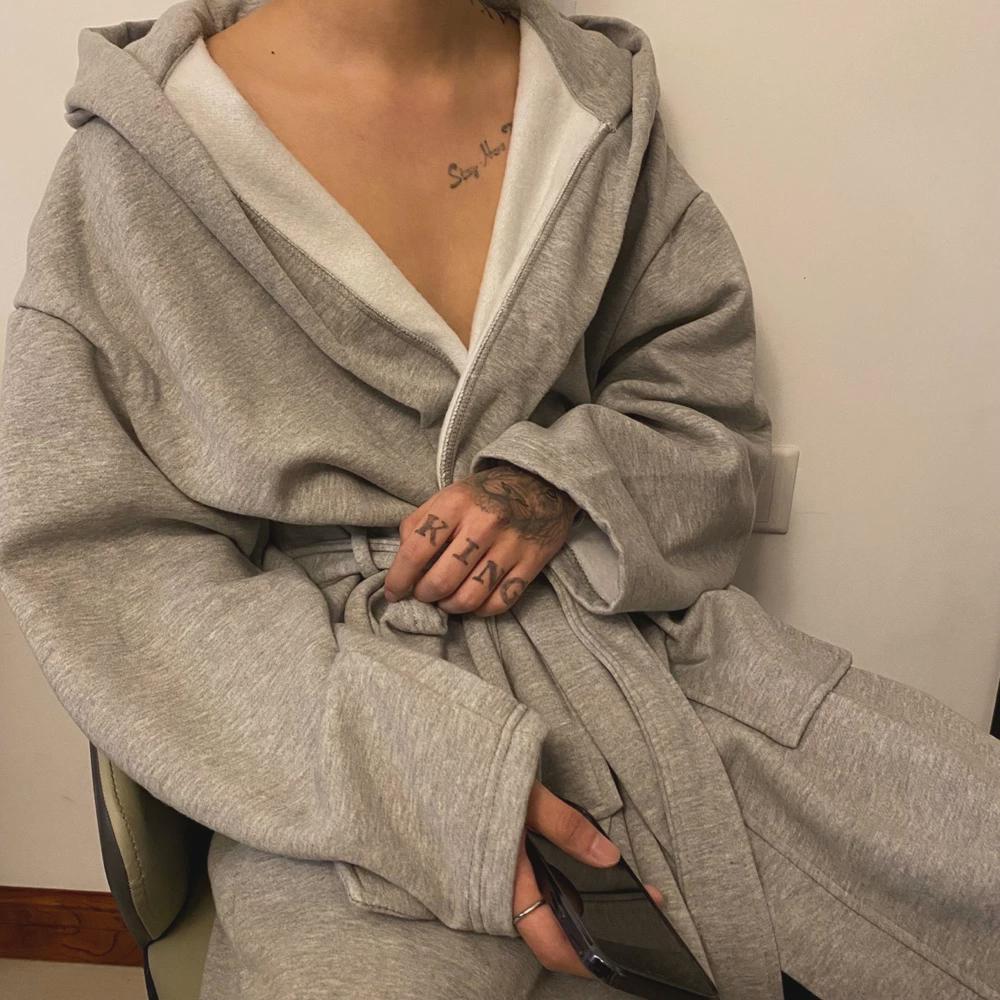 情侣款睡衣 长款连帽系带家居长袖浴袍睡袍男女 加绒纯棉保暖冬季