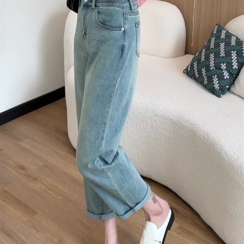 夏季薄款梨型身材牛仔裤2023年新款女大码胖妹妹显瘦高腰直筒裤子