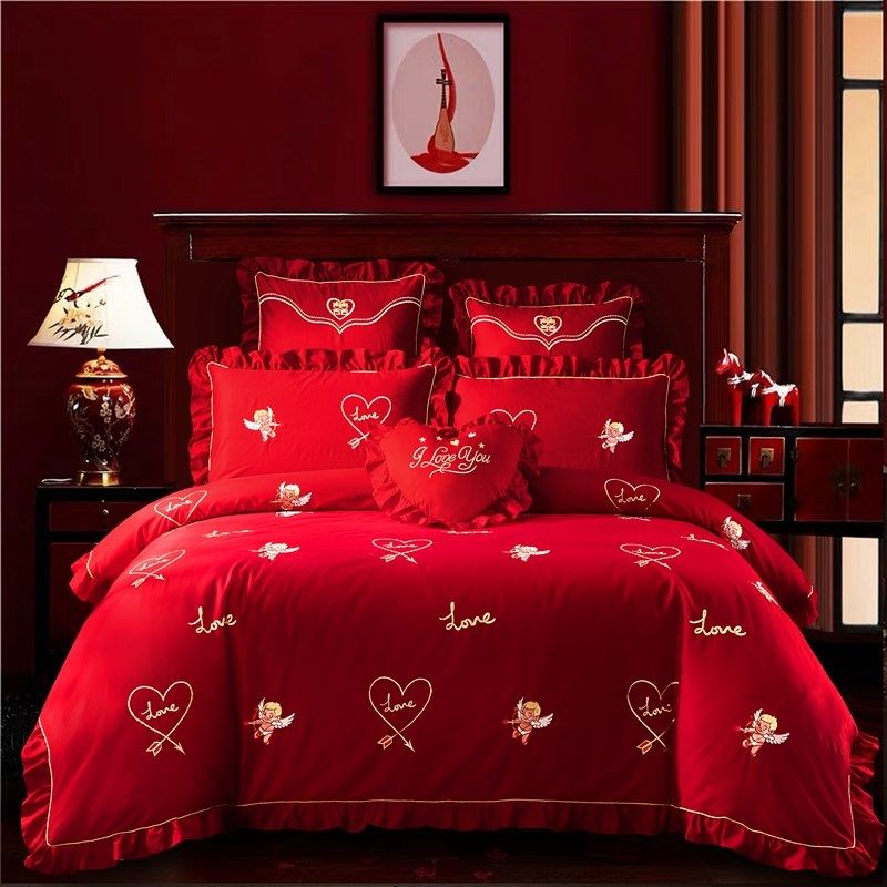 结庆四六M00118件套全棉大红公主风刺婚绣新婚喜被件套色纯棉床上,床上用品,婚庆床品套件,淘宝优惠券,粉丝福利购,淘宝优惠卷