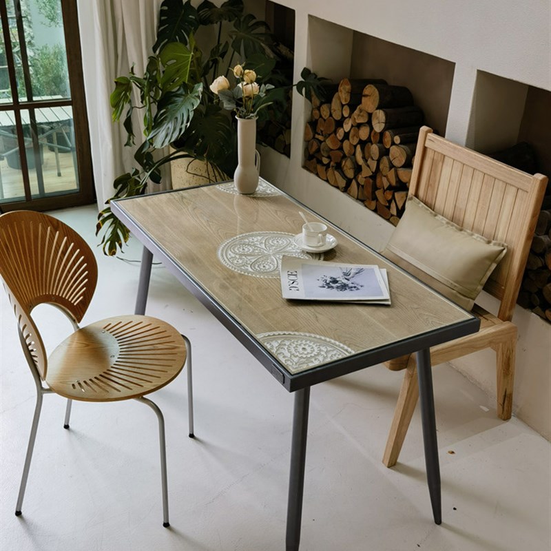 咖啡美式铁木雕花餐桌法式复古简约餐台欧式长方形办公会议桌工作