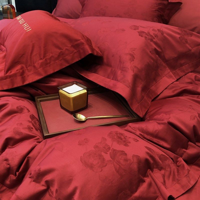 全棉100支长绒棉结婚四件套浪漫红色玫瑰新婚房喜被备婚陪嫁牀单4,床上用品,婚庆床品套件,淘宝优惠券,粉丝福利购,淘宝优惠卷