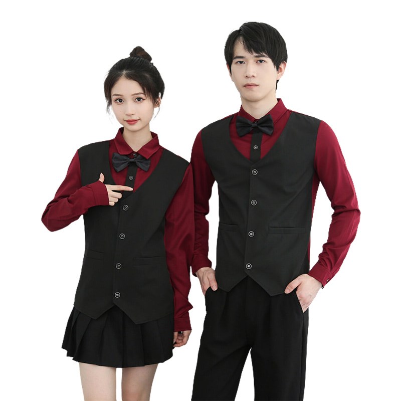 新品定制衬衫印logo图案假两件衬衣工装酒吧西餐厅咖啡馆奶茶制服