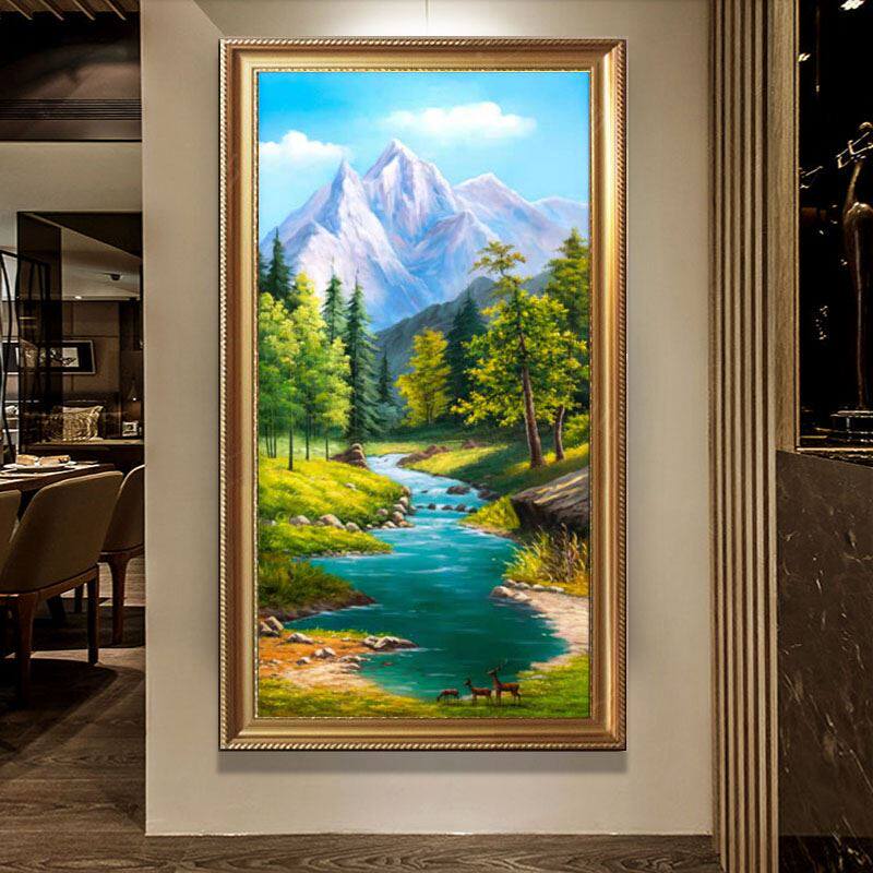 玄关竖版纯手绘油画装饰画聚宝盆欧式山水风景挂画客厅入户定制鹿