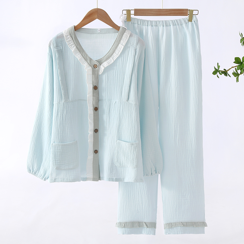 纯棉纱布月子服夏季薄款产后孕妇哺乳睡衣长袖长裤春秋喂奶家居服