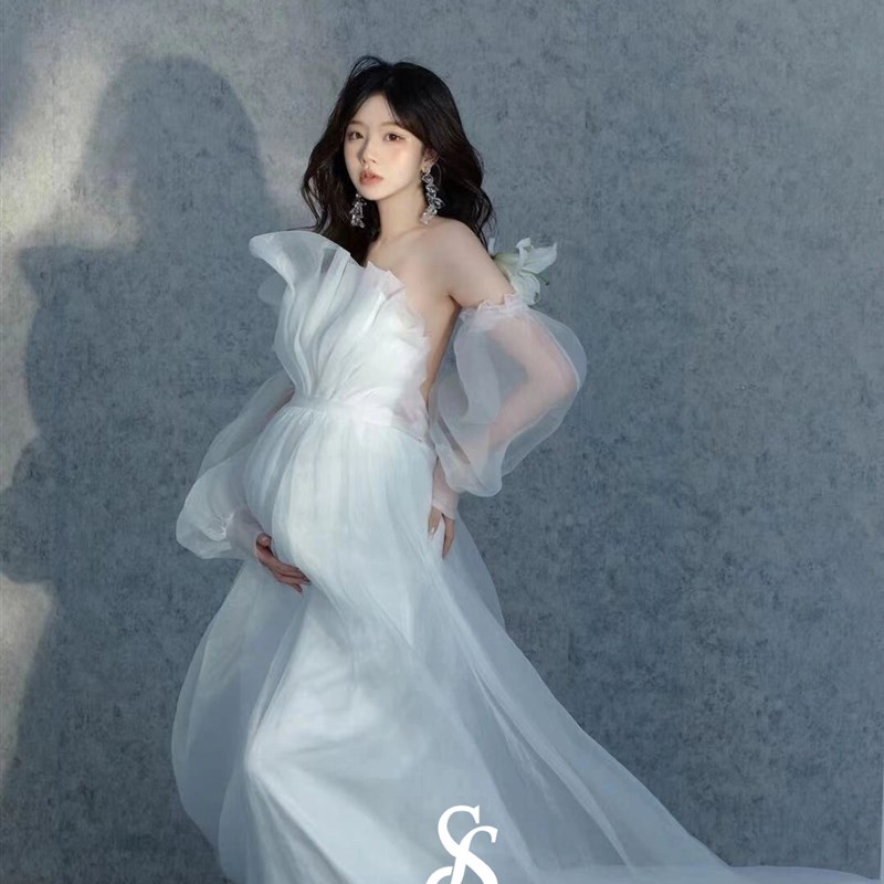 新款孕妇拍照服装韩系p少女感超仙白色纱裙礼服影楼孕期写真主题
