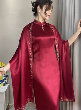 旗袍披肩婚礼妈妈外搭喜婆婆结A婚婚宴礼服外套高档薄款红色醋酸