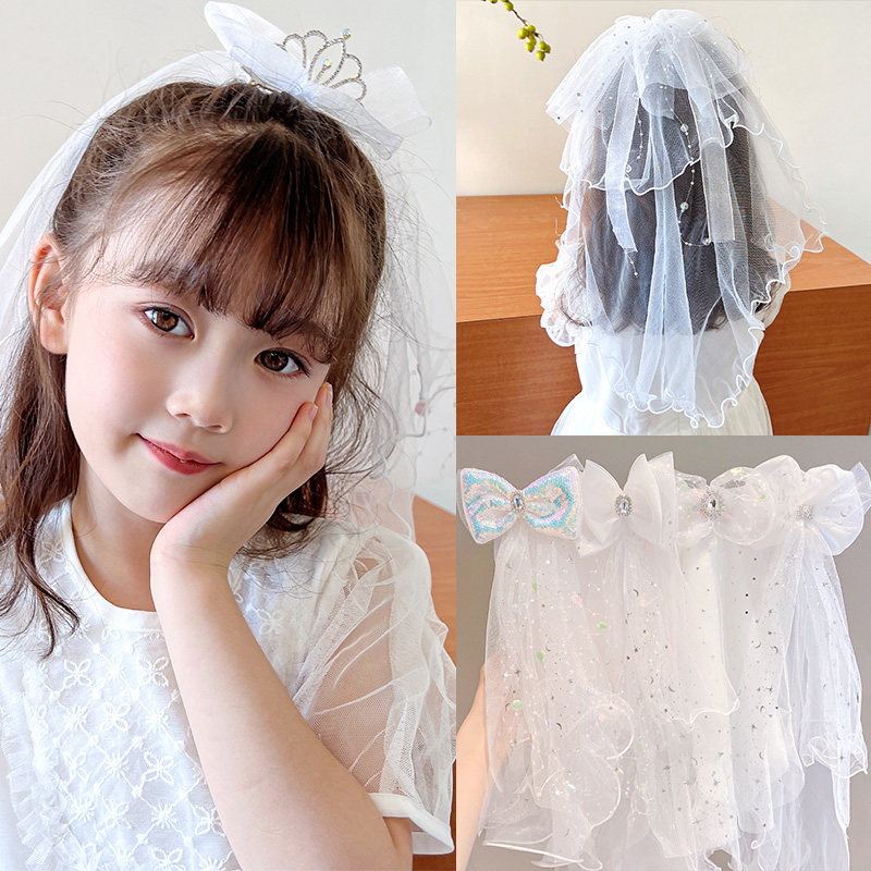 新品儿童宝宝生日头纱发夹u女童公主皇王冠头饰新款头花小孩白网