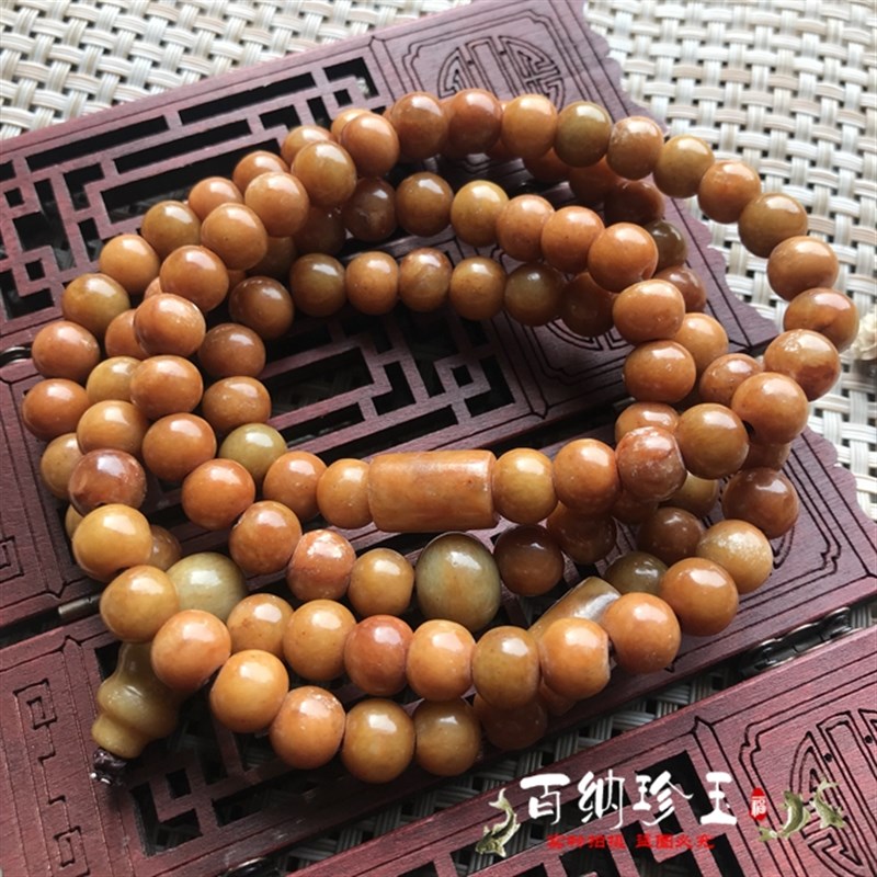 河磨玉枣红皮珠108/粒 岫玉手錬项链男女款 天T然保真,支持复检