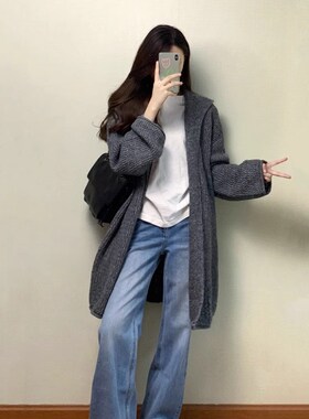 灰色连帽中长款毛衣开衫女秋冬加厚宽松慵懒风高级感针织外套上衣