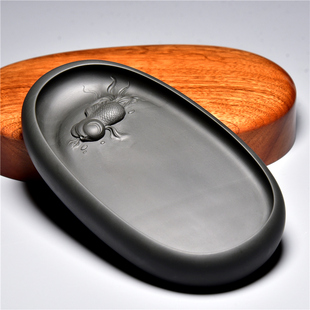 精品歙砚老坑龙潭石黑龙尾手工雕刻孤品腰圆素砚原石砚台素砚实用