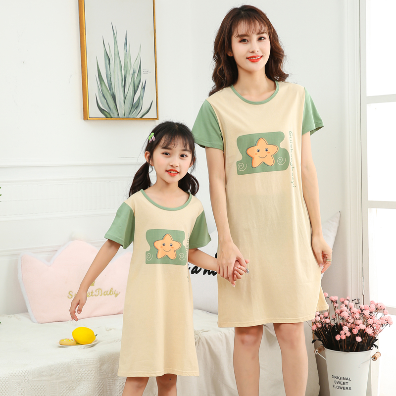 儿童睡裙纯棉女孩卡通家居服春夏全棉公主连衣裙子母女亲子装睡衣