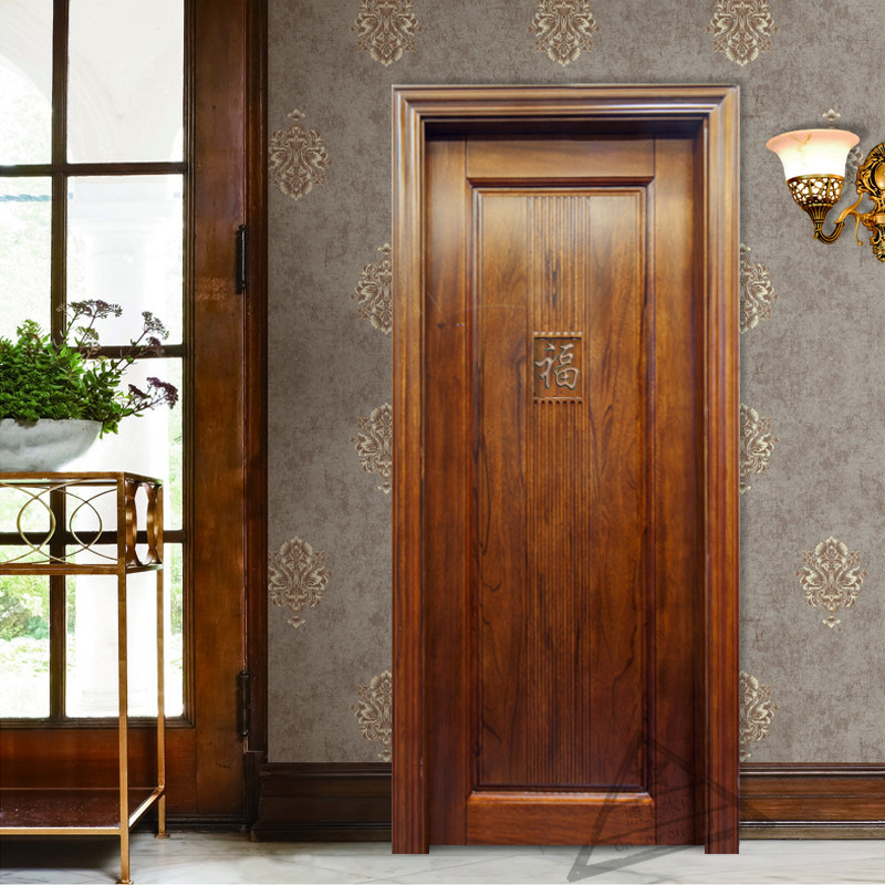 新中式实木门红棕色实木烤漆卧室房间套装门红胡桃榫卯结构原木门
