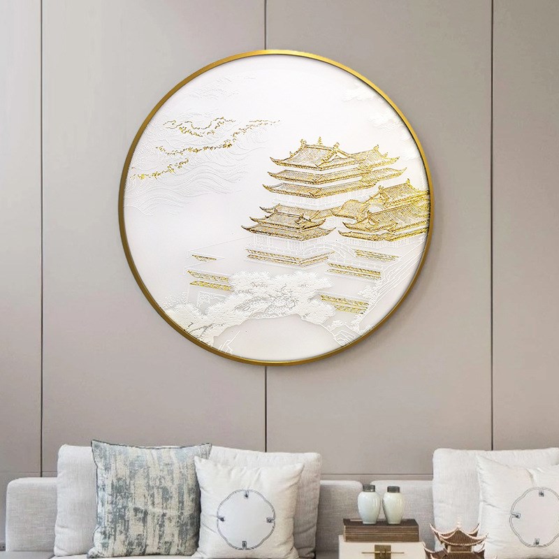 新中式玄关装饰画酒店圆形宫廷建筑挂画浮雕肌理立体金箔工艺画图片