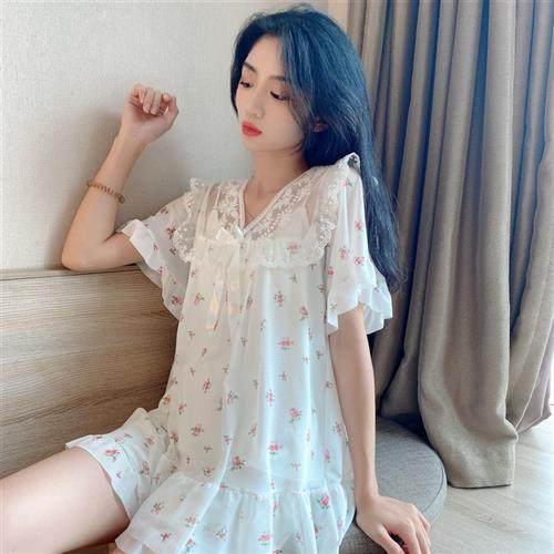 (抖音同款)『七格格优选』夏季薄款套装短袖网纱蕾丝Y睡衣家居服