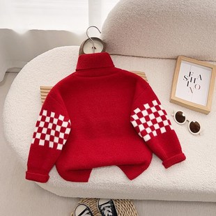 儿童高领毛衣加厚男童冬季内搭宝宝红色打底衫高级感超好看2024新