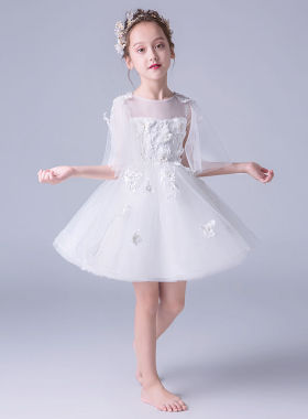 小花童钢琴演出服生日晚礼服儿童婚纱裙白色公主裙女童蓬蓬纱夏季