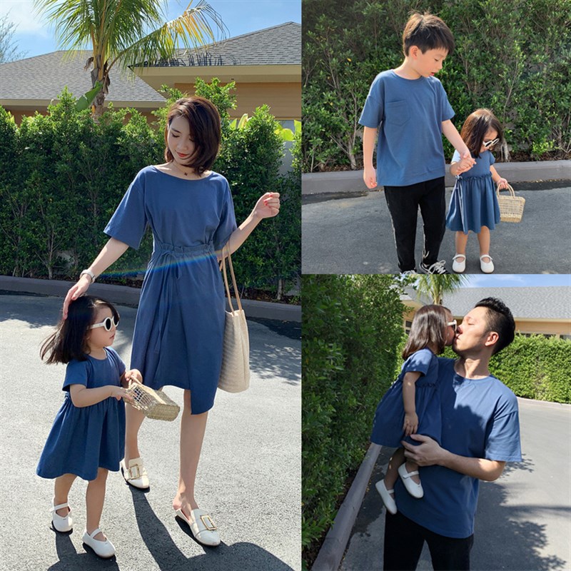 现货沙滩裙亲子装2021新u款潮夏装高端母女装洋气连衣裙一家三四