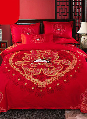 2022b新款结婚四件套新婚冰丝被套正红婚庆四件组大红色结婚床单