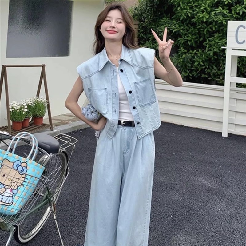 时尚小个子休闲马甲阔腿裤两件套港风无袖H牛仔套装女2025夏装新