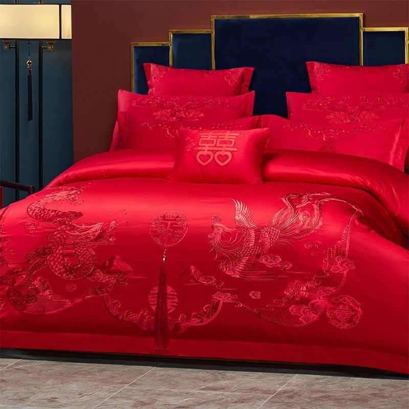 中式200支长绒棉结婚四件套红色100全棉被套六八件套婚庆床单,床上用品,婚庆床品套件,淘宝优惠券,粉丝福利购,淘宝优惠卷