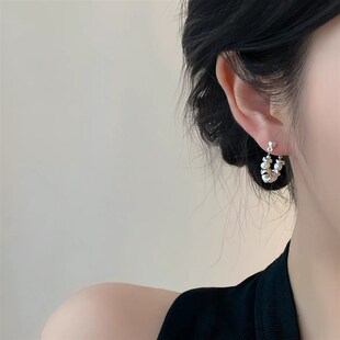 碎银子淡水珍珠耳环女简约百搭耳饰高奢蚊香盘耳夹无耳洞耳圈酷帅