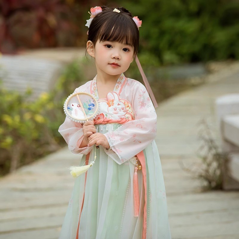 热销中秋节汉服女童玉兔春秋季连衣裙2024新款中国风宝宝古风超仙